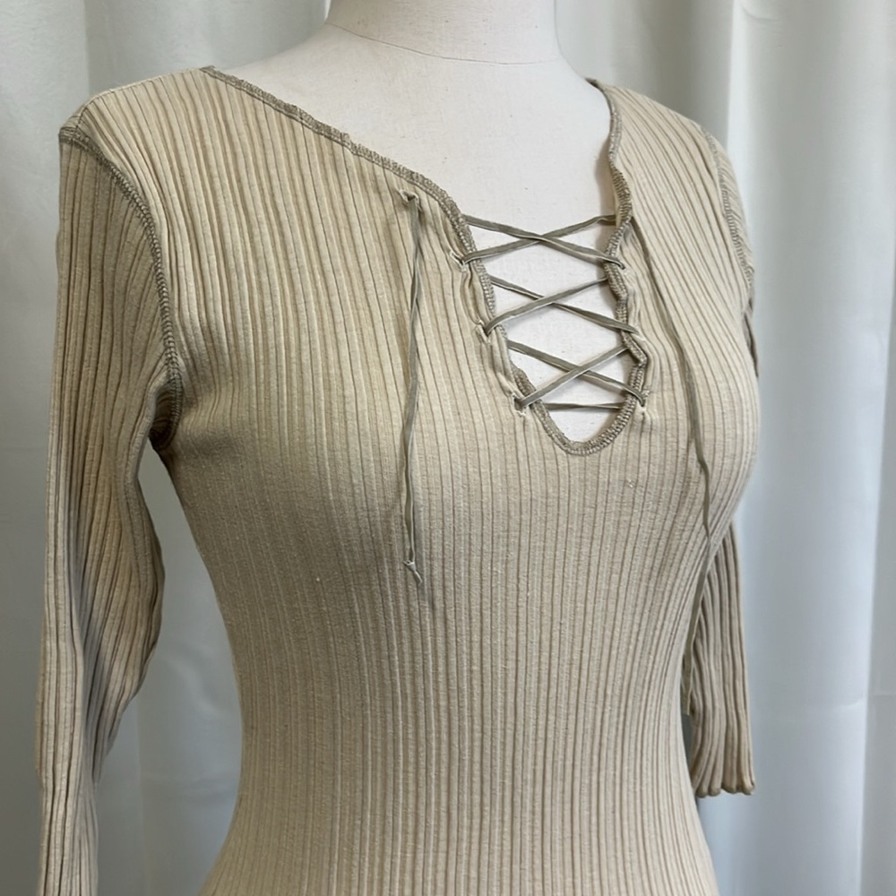 One Step Up Beige Lace-Up Ribbed Top - Picture 2 of 4